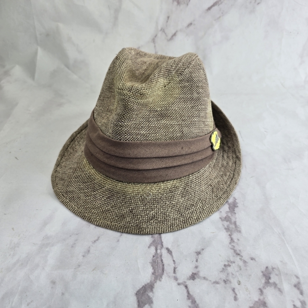 DPC Hat Mens Large Fedora Brown Linen Cotton Blend Vintage Ribbon Woven